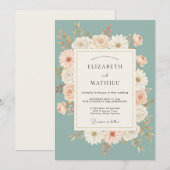 Hochzeit mit Celadon-Gänseblümchen-Kranz Einladung (Vorne/Hinten)