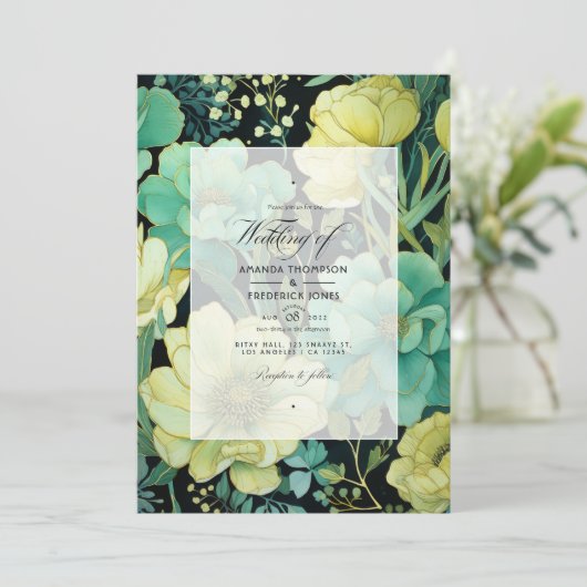 Hochzeit mit Champagner, Grün und Schwarzer Flora Einladung (Stehend Vorderseite)