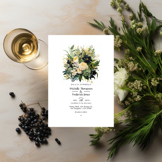 Hochzeit mit Champagner, Grün und Schwarzer Flora Einladung