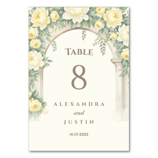 Hochzeit mit Creme Yellow Mediterranean Blumengest Tischnummer (Vorderseite)