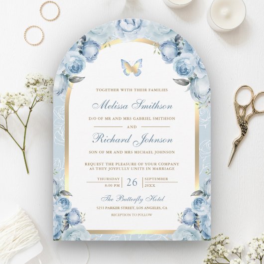 Hochzeit mit dem Soft Blue Floral Gold Arch Butter Einladung
