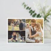 Hochzeit mit elegantem Skript 3 Fotos Dankeskarte (Stehend Vorderseite)