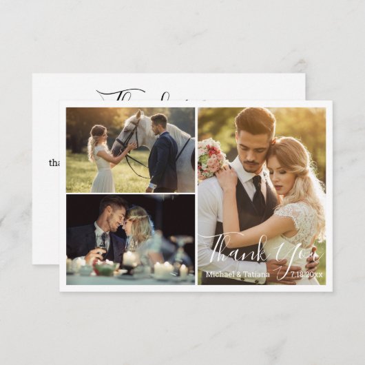 Hochzeit mit elegantem Skript 3 Fotos Dankeskarte (Vorne/Hinten)