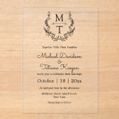 Hochzeit mit eleganten botanischen Monogramm-Initi Acryleinladungen (Vorderseite)