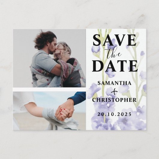 Hochzeit mit floralen Save the Date und weißem Fot Ankündigungspostkarte (Vorderseite)