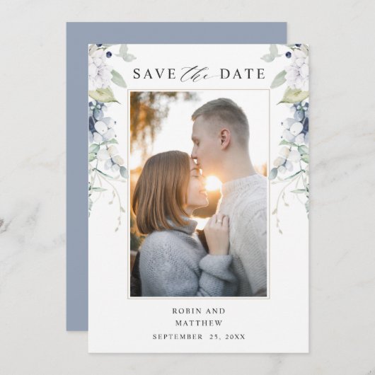 Hochzeit mit Foto, Blau und Weiß Save The Date (Vorne/Hinten)