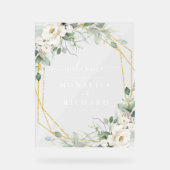 Hochzeit mit geometrischem Gold und weißem Blumen Acrylschild (Vorderseite)