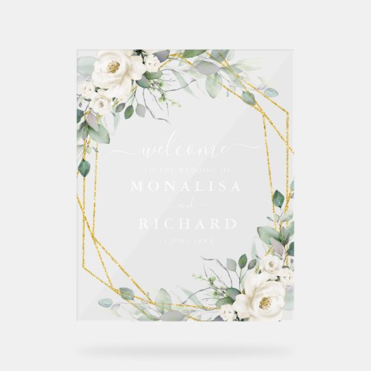 Hochzeit mit geometrischem Gold und weißem Blumen Acrylschild (Vorderseite)