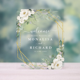 Hochzeit mit geometrischem Gold und weißem Blumen Acrylschild
