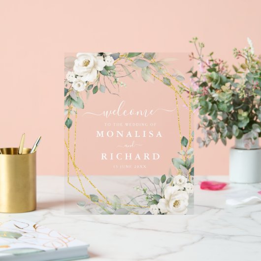 Hochzeit mit geometrischem Gold und weißem Blumen Acrylschild (Hochzeit)