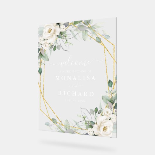 Hochzeit mit geometrischem Gold und weißem Blumen Acrylschild (Winkel)