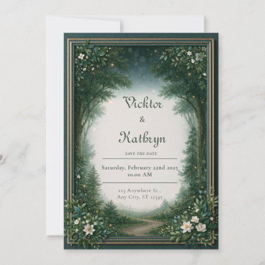 Hochzeit mit Glühwürmchen-Smaragd-Waldgrenze Einladung (Vorderseite)