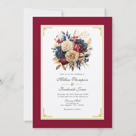Hochzeit mit Gold, Navy Blue und Burgund Einladung (Vorderseite)