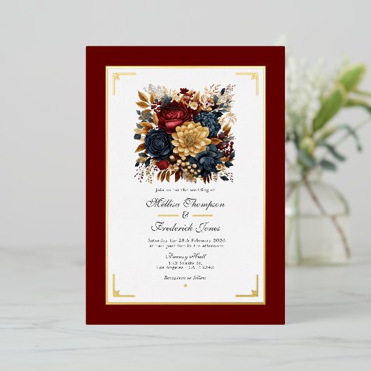 Hochzeit mit Gold, Navy Blue und Burgund Folieneinladung (Stehend vorne)