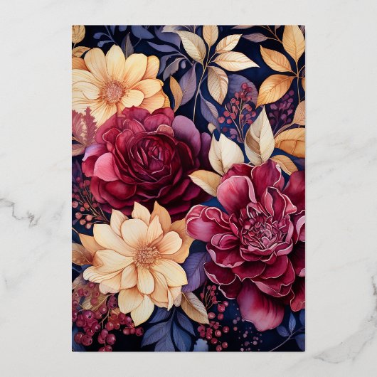 Hochzeit mit Gold, Navy Blue und Burgund Folieneinladung (Rückseite)