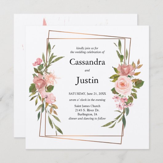 Hochzeit mit Gold und Rosa Einladung (Vorne/Hinten)