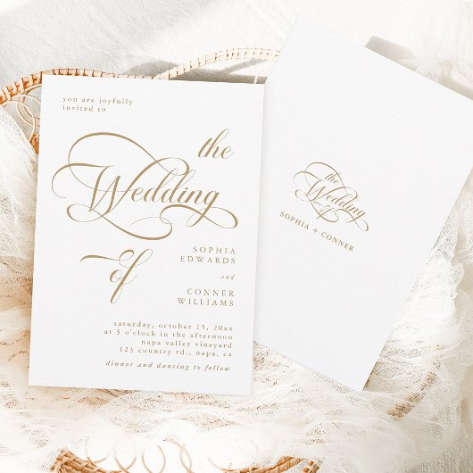 Hochzeit mit Gold und Weiß in klassischer Calligra Einladung