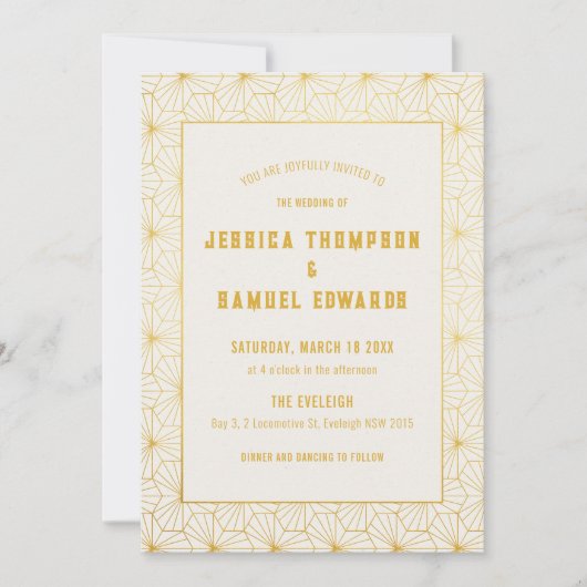 Hochzeit mit Gold und White Geometric Art Déco Einladung (Vorderseite)