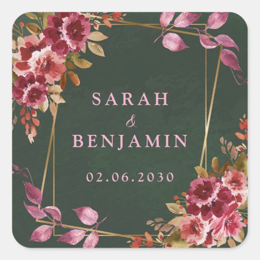 Hochzeit mit goldenem geometrischem Burgund und gr Quadratischer Aufkleber (Vorderseite)