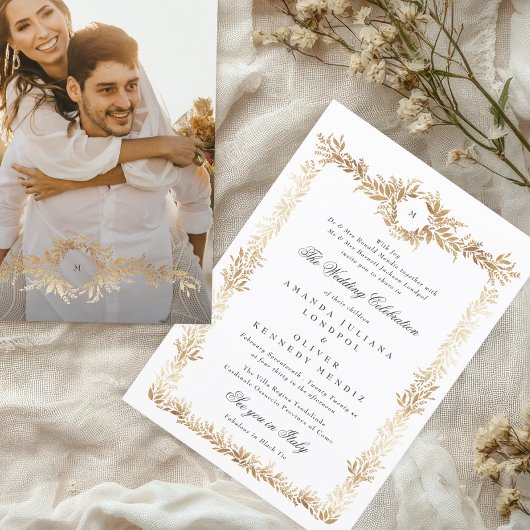 Hochzeit mit goldfarbenem Rahmen, Monogramm Foto Einladung