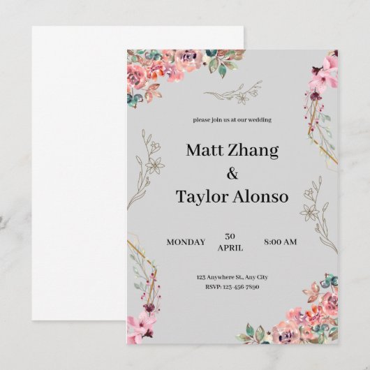 Hochzeit mit grauem Blumen Einladung (Vorne/Hinten)