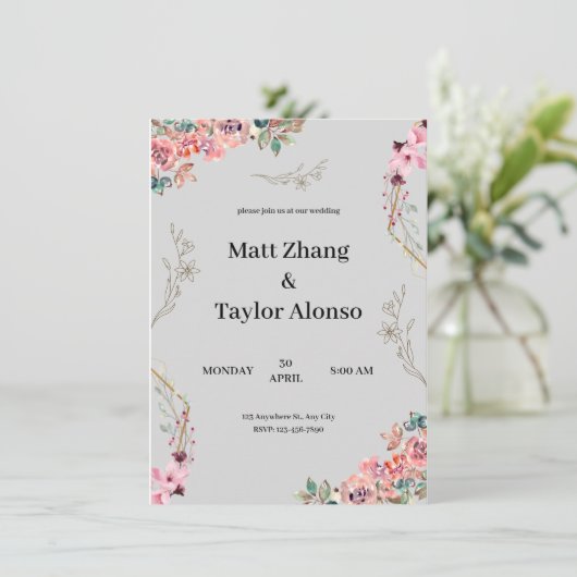 Hochzeit mit grauem Blumen Einladung (Stehend Vorderseite)