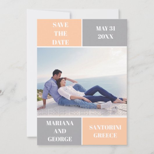 Hochzeit mit grauem Farbblock Pfirsichfarben speic Save The Date (Vorderseite)