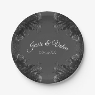 Hochzeit mit grauen und schwarzen Blumen Pappteller
