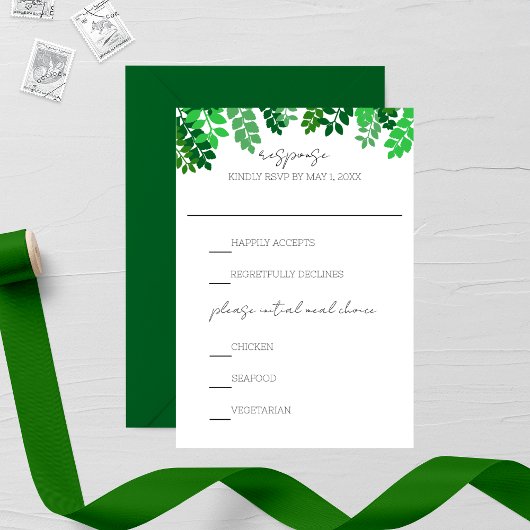 Hochzeit mit grünem Leaf Canopy RSVP Karte