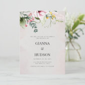 Hochzeit mit grüner Blüte in Rosa Einladung (Stehend Vorderseite)