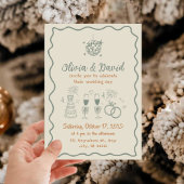 Hochzeit mit handgezogenen Cremen und grünen Schna Einladung