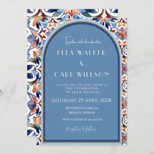 Hochzeit mit hellblauen und schicken Tile Einladung (Vorne/Hinten)