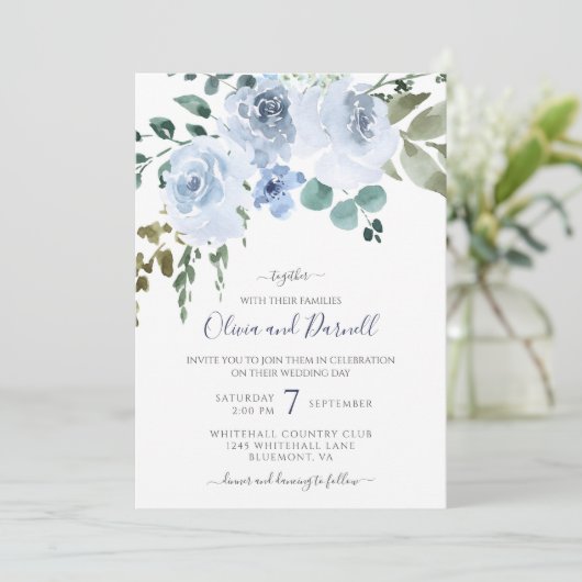 Hochzeit mit hellblauer Wasserfarbe I Einladung (Stehend Vorderseite)