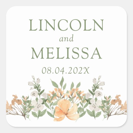 Hochzeit mit hübschem Pfirsich und Weißblumen Quadratischer Aufkleber (Vorderseite)