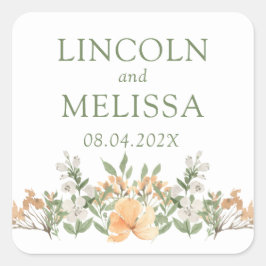Hochzeit mit hübschem Pfirsich und Weißblumen Quadratischer Aufkleber