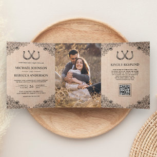 Hochzeit mit Jute Hufeisen Spitze QR Code Foto Dreifach Gefaltete Einladung
