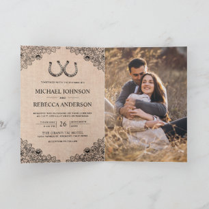 Hochzeit mit Jute Hufeisen Spitze QR Code Foto Einladung