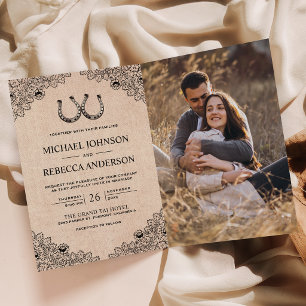 Hochzeit mit Jute Hufeisen Spitze QR Code Foto Einladung