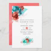 Hochzeit mit Korallen und Türkis Einladung (Vorne/Hinten)