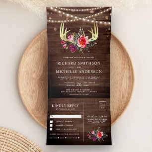 Hochzeit mit Lichterkette aus Scheunenholz, floral Dreifach Gefaltete Einladung