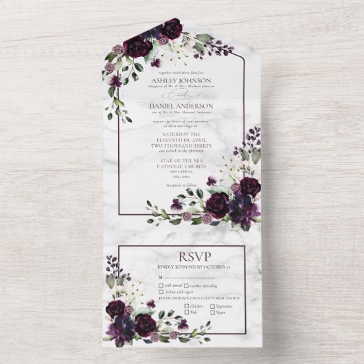 Hochzeit mit Lila Blume All In One Einladung (Innen Boden)