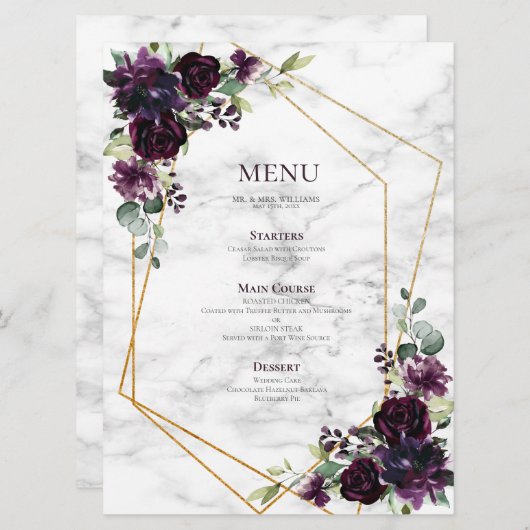 Hochzeit mit Lila Marmor mit geometrischen Formen Menükarte (Vorne/Hinten)