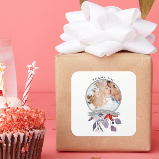 Hochzeit mit lila Rot Rosa Blauer Blumenkraut Quadratischer Aufkleber (Party)