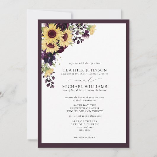 Hochzeit mit Lila Sonnenblume Einladung (Vorderseite)