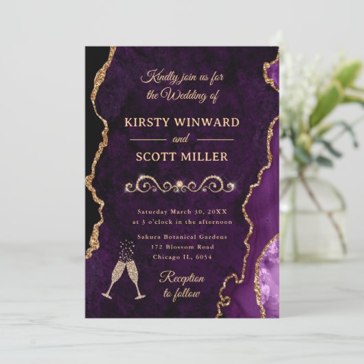 Hochzeit mit lila und Gold Glitzer Einladung (Stehend Vorderseite)