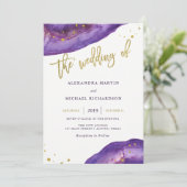 Hochzeit mit Lila Wasserfarbe und Goldgeode Einladung (Stehend Vorderseite)