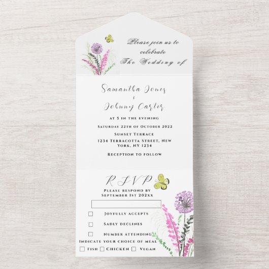 Hochzeit mit lila Wildblume All In One Einladung (Innen Boden)