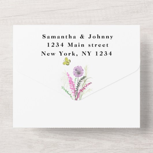 Hochzeit mit lila Wildblume All In One Einladung (Rückseite)