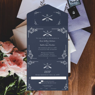 Hochzeit mit Marine-Monogramm und Pfeilen All In One Einladung