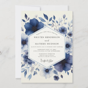 Hochzeit mit Marineblaue Wasserfarbenblüten Einladung